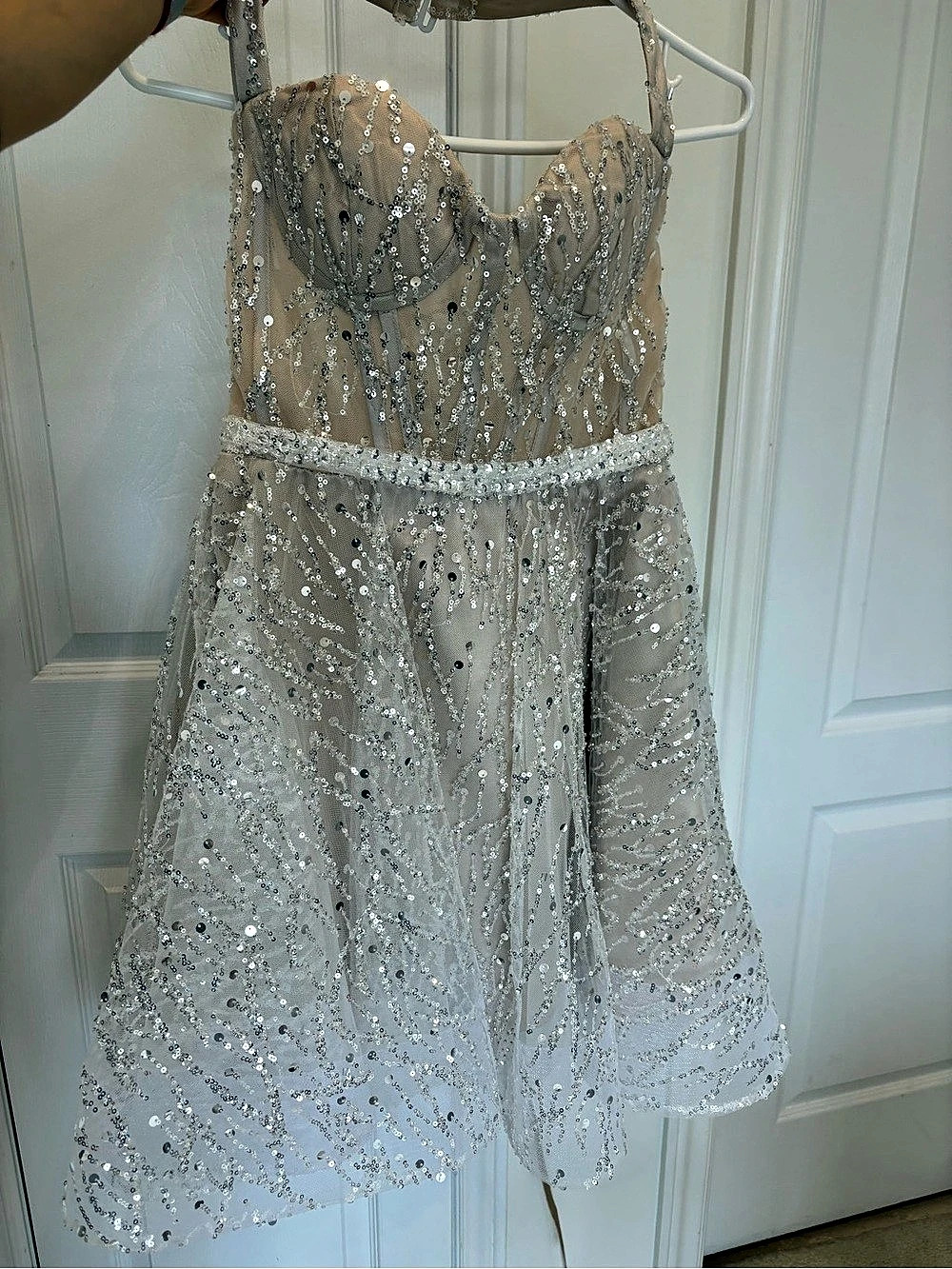 After party wedding dress Sequin Lace-Up Mini Dress in nude Silver Like New